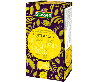 Stassen Cardamom w pudełko z żółtym zdobieniem – ekspresowa herbata cejlońska z kardamonem.