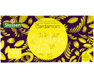 Stassen Cardamom w pudełko z żółtym zdobieniem – ekspresowa herbata cejlońska z kardamonem.