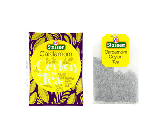 Stassen Cardamom w pudełko z żółtym zdobieniem – ekspresowa herbata cejlońska z kardamonem.