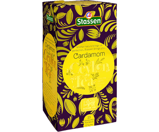 Stassen Cardamom w pudełko z żółtym zdobieniem – ekspresowa herbata cejlońska z kardamonem.
