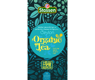 Stassen Organic Black Tea w pudełku z niebieskim zdobieniem – ekspresowa herbata cejlońska bez dodatków.