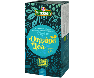 Stassen Organic Black Tea w pudełku z niebieskim zdobieniem – ekspresowa herbata cejlońska bez dodatków.