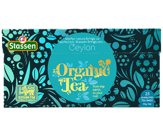 Stassen Organic Black Tea w pudełku z niebieskim zdobieniem – ekspresowa herbata cejlońska bez dodatków.
