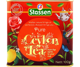 Stassen Pure Ceylon Tea w czerwonej puszce – herbata cejlońska liściasta bez dodatków.