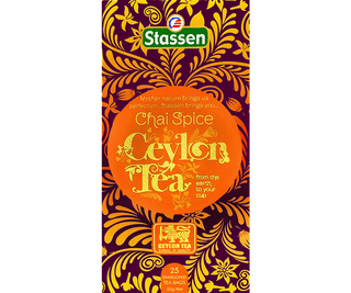 Stassen Chai Spice w pudełko z pomarańczowym zdobieniem – ekspresowa herbata cejlońska z przyprawami Chai.