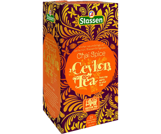 Stassen Chai Spice w pudełko z pomarańczowym zdobieniem – ekspresowa herbata cejlońska z przyprawami Chai.