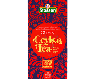 Stassen Cherry Tea w pudełku z czerwonym zdobieniem – ekspresowa herbata cejlońska z wiśnią.