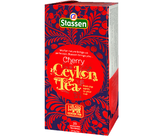 Stassen Cherry Tea w pudełku z czerwonym zdobieniem – ekspresowa herbata cejlońska z wiśnią.