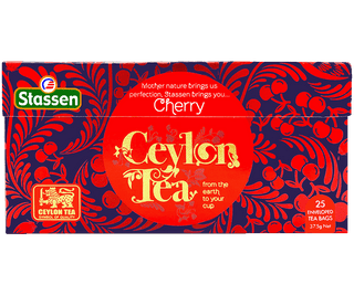 Stassen Cherry Tea w pudełku z czerwonym zdobieniem – ekspresowa herbata cejlońska z wiśnią.