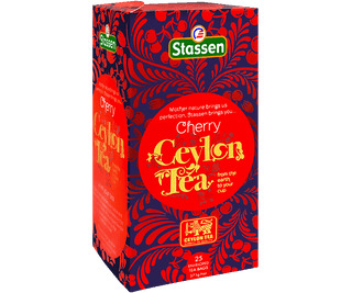 Stassen Cherry Tea w pudełku z czerwonym zdobieniem – ekspresowa herbata cejlońska z wiśnią.
