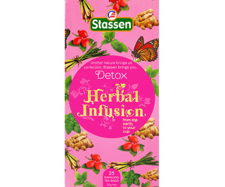 Stassen Detox w różowym pudełku – ekspresowa herbata ziołowa z miętą pieprzową, dziką różą, trawą cytrynową, balsamem cytrynowym, anyżem i imbirem.