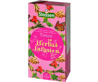 Stassen Detox w różowym pudełku – ekspresowa herbata ziołowa z miętą pieprzową, dziką różą, trawą cytrynową, balsamem cytrynowym, anyżem i imbirem.