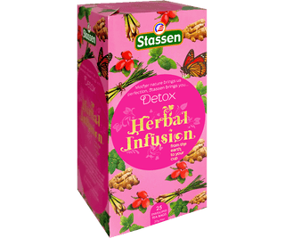 Stassen Detox w różowym pudełku – ekspresowa herbata ziołowa z miętą pieprzową, dziką różą, trawą cytrynową, balsamem cytrynowym, anyżem i imbirem.