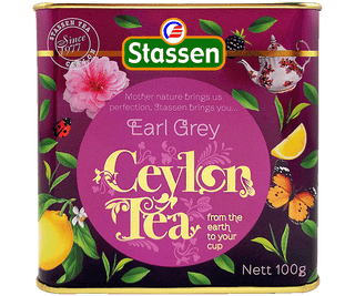 Stassen Earl Grey w fioletowej puszce - herbata cejlońska liściasta z bergamotką.
