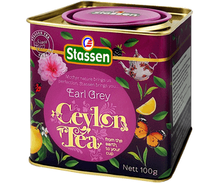 Stassen Earl Grey w fioletowej puszce - herbata cejlońska liściasta z bergamotką.