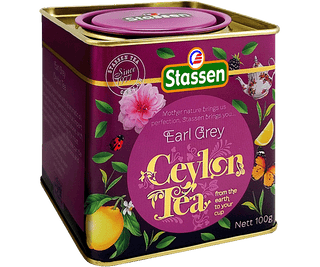 Stassen Earl Grey w fioletowej puszce - herbata cejlońska liściasta z bergamotką. 