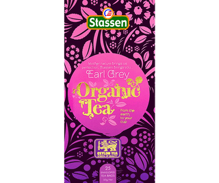 Stassen Organic Earl Grey w pudełku z fioletowym zdobieniem – ekspresowa herbata cejlońska z bergamotką.
