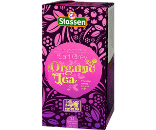 Stassen Organic Earl Grey w pudełku z fioletowym zdobieniem – ekspresowa herbata cejlońska z bergamotką.