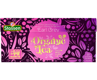 Stassen Organic Earl Grey w pudełku z fioletowym zdobieniem – ekspresowa herbata cejlońska z bergamotką.