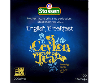 Stassen English Breakfast w niebieskim pudełku – ekspresowa herbata cejlońska bez dodatków.