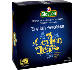 Stassen English Breakfast w niebieskim pudełku – ekspresowa herbata cejlońska bez dodatków.