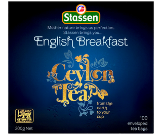 Stassen English Breakfast w niebieskim pudełku – ekspresowa herbata cejlońska bez dodatków.