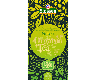 Stassen Organic Green Tea w pudełku z zielonym zdobieniem– ekspresowa herbata cejlońska bez dodatków.