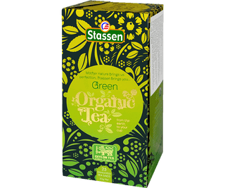 Stassen Organic Green Tea w pudełku z zielonym zdobieniem– ekspresowa herbata cejlońska bez dodatków.