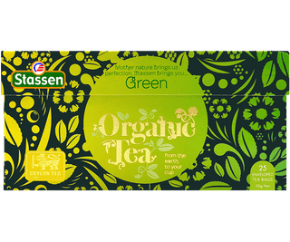 Stassen Organic Green Tea w pudełku z zielonym zdobieniem– ekspresowa herbata cejlońska bez dodatków.