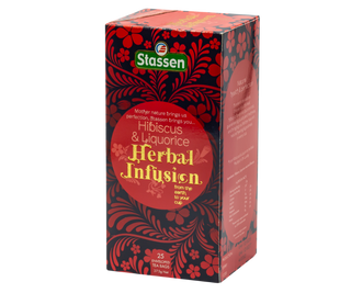 STASSEN Herbata - Hibiscus Tea - kartonik z herbatą ziołową - ozdobiony czerwonymi ornamentami.