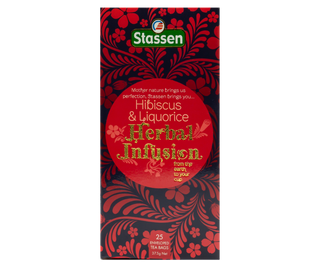 STASSEN Herbata - Hibiscus Tea - kartonik z herbatą ziołową - ozdobiony czerwonymi ornamentami.