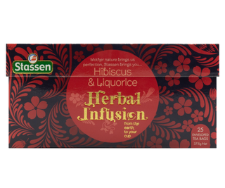 STASSEN Herbata - Hibiscus Tea - kartonik z herbatą ziołową - ozdobiony czerwonymi ornamentami.