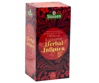 STASSEN Herbata - Hibiscus Tea - kartonik z herbatą ziołową - ozdobiony czerwonymi ornamentami.