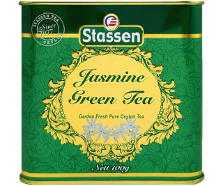 Stassen Jasmine Green Tea w zielonej puszce – herbata cejlońska liściasta z jaśminem.