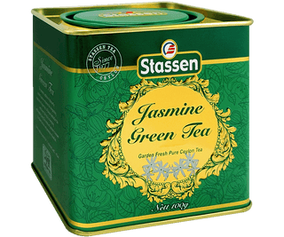 Stassen Jasmine Green Tea w zielonej puszce – herbata cejlońska liściasta z jaśminem.