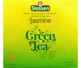 Stassen Jasmine Green w zielonym pudełku – ekspresowa herbata cejlońska z kwiatem jaśminu.