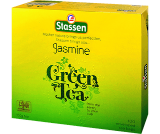 Stassen Jasmine Green w zielonym pudełku – ekspresowa herbata cejlońska z kwiatem jaśminu.