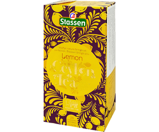 Stassen Lemon Tea w pudełku z żółtym zdobieniem – ekspresowa herbata cejlońska z cytryną.