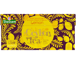 Stassen Lemon Tea w pudełku z żółtym zdobieniem – ekspresowa herbata cejlońska z cytryną.