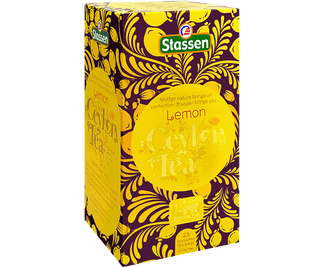 Stassen Lemon Tea w pudełku z żółtym zdobieniem – ekspresowa herbata cejlońska z cytryną.