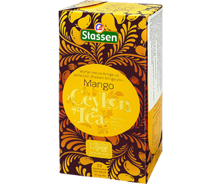 Stassen Mango Tea w pudełku z pomarańczowo-żółtym zdobieniem – ekspresowa herbata cejlońska z mango.