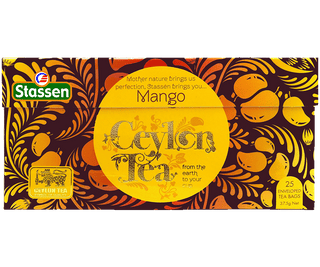 Stassen Mango Tea w pudełku z pomarańczowo-żółtym zdobieniem – ekspresowa herbata cejlońska z mango.