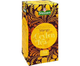 Stassen Mango Tea w pudełku z pomarańczowo-żółtym zdobieniem – ekspresowa herbata cejlońska z mango.