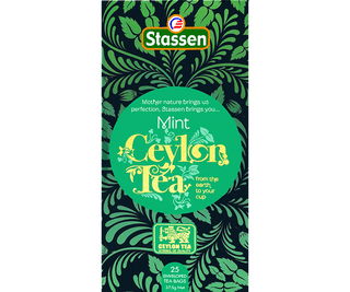 Stassen Mint Black Tea w pudełku z zielonym zdobieniem – ekspresowa herbata cejlońska z miętą.