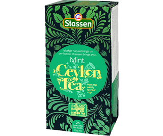 Stassen Mint Black Tea w pudełku z zielonym zdobieniem – ekspresowa herbata cejlońska z miętą.