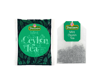 Stassen Mint Black Tea w pudełku z zielonym zdobieniem – ekspresowa herbata cejlońska z miętą.