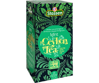 Stassen Mint Black Tea w pudełku z zielonym zdobieniem – ekspresowa herbata cejlońska z miętą.