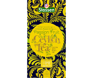 Stassen Passion Fruit w pudełku z żółtym zdobieniem – ekspresowa herbata cejlońska z marakują.