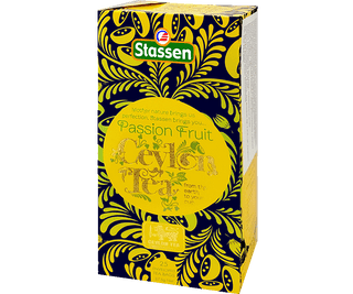 Stassen Passion Fruit w pudełku z żółtym zdobieniem – ekspresowa herbata cejlońska z marakują.