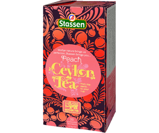 Stassen Peach Tea w pudełku z różowym zdobieniem – ekspresowa herbata cejlońska z brzoskwinią.